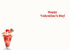 Inside a Valentine's Day greeting card showing a small detail of a strawberry sundae at the bottom left. The right side features the message 'Happy Valentine's Day' in red text against a clean, cream lattice background, offering ample space for a personal handwritten message.