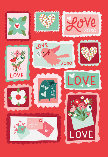 Front of a Valentine's Day greeting card with various colorful love stamp designs, featuring hearts, flowers, birds, and 'LOVE' text on a red background.
