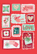 Romantic Valentine's Day greeting card front featuring cute love-themed postage stamps, hearts, flowers, and a sweet bird, perfect for a spouse or partner.