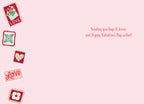 Inside of a romantic Valentine's Day greeting card with 'Sending you hugs & kisses and Happy Valentine's Day wishes!' text on a light pink background, bordered by cute love stamps.