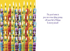 Inside of a humorous birthday card showing a dense arrangement of lit colorful striped candles on the left side, with a witty message on the right: 'The good news is you can cross dying young off your list of things to worry about!'