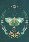 Whimsical green butterfly greeting card with intricate floral and mushroom illustrations on a dark teal background. Perfect for any occasion message.