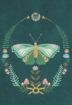 Whimsical green butterfly greeting card with intricate floral and mushroom illustrations on a dark teal background. Perfect for any occasion message.