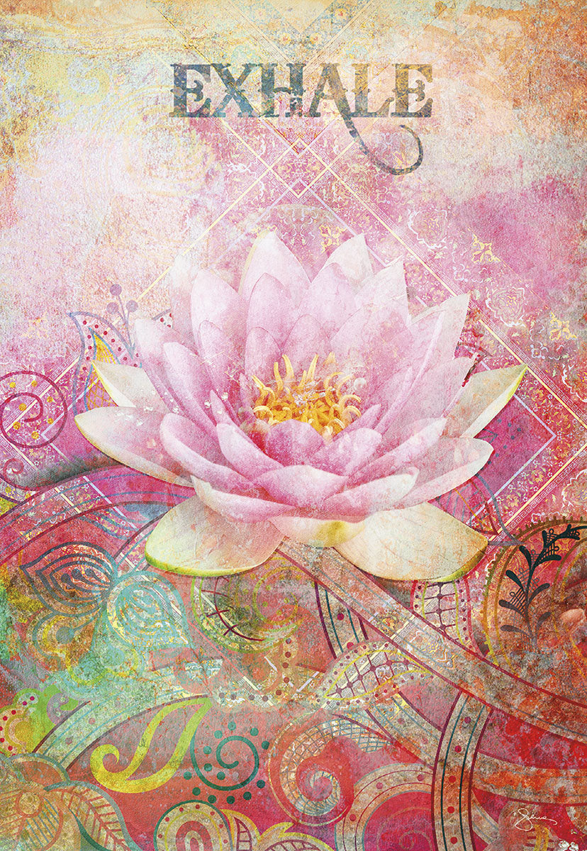 Elegant 'Exhale' get well card for her, featuring a vibrant pink lotus flower on a detailed bohemian spiritual background, perfect for a friend's recovery.