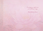 Inside of a heartfelt get well card, displaying the message 'Sending you light, love, and soothing energy. Feel Better Soon' in elegant script with a faint lotus design, ideal for a friend.