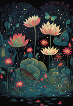 Enchanting thank you card featuring a magical night garden with glowing pink and white lotus flowers, green lily pads, and delicate butterflies amidst a starry, dark backdrop, perfect for expressing deep gratitude.