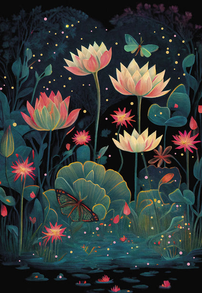 Vibrant water lilies and glowing butterflies in a magical night garden, illustrated on a thank you card cover.