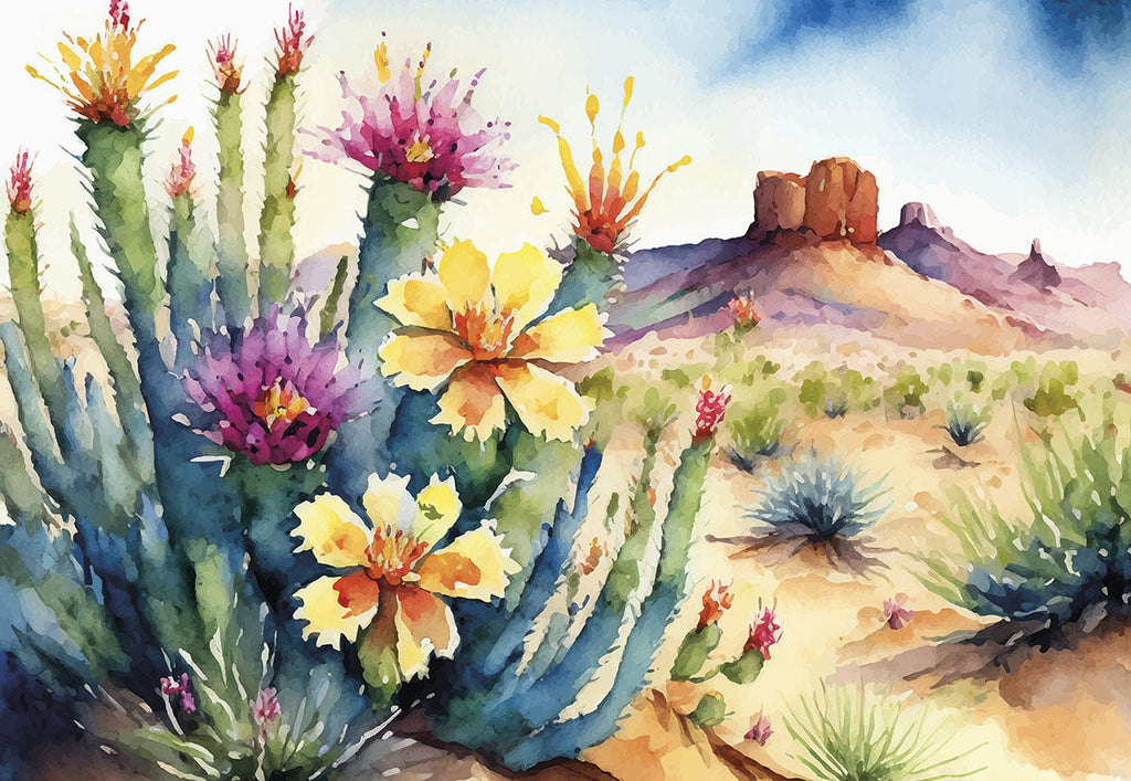 Watercolor desert greeting card with vibrant blooming yellow and purple cacti, desert flowers, and distant mesas under a bright sky, perfect for warm wishes.