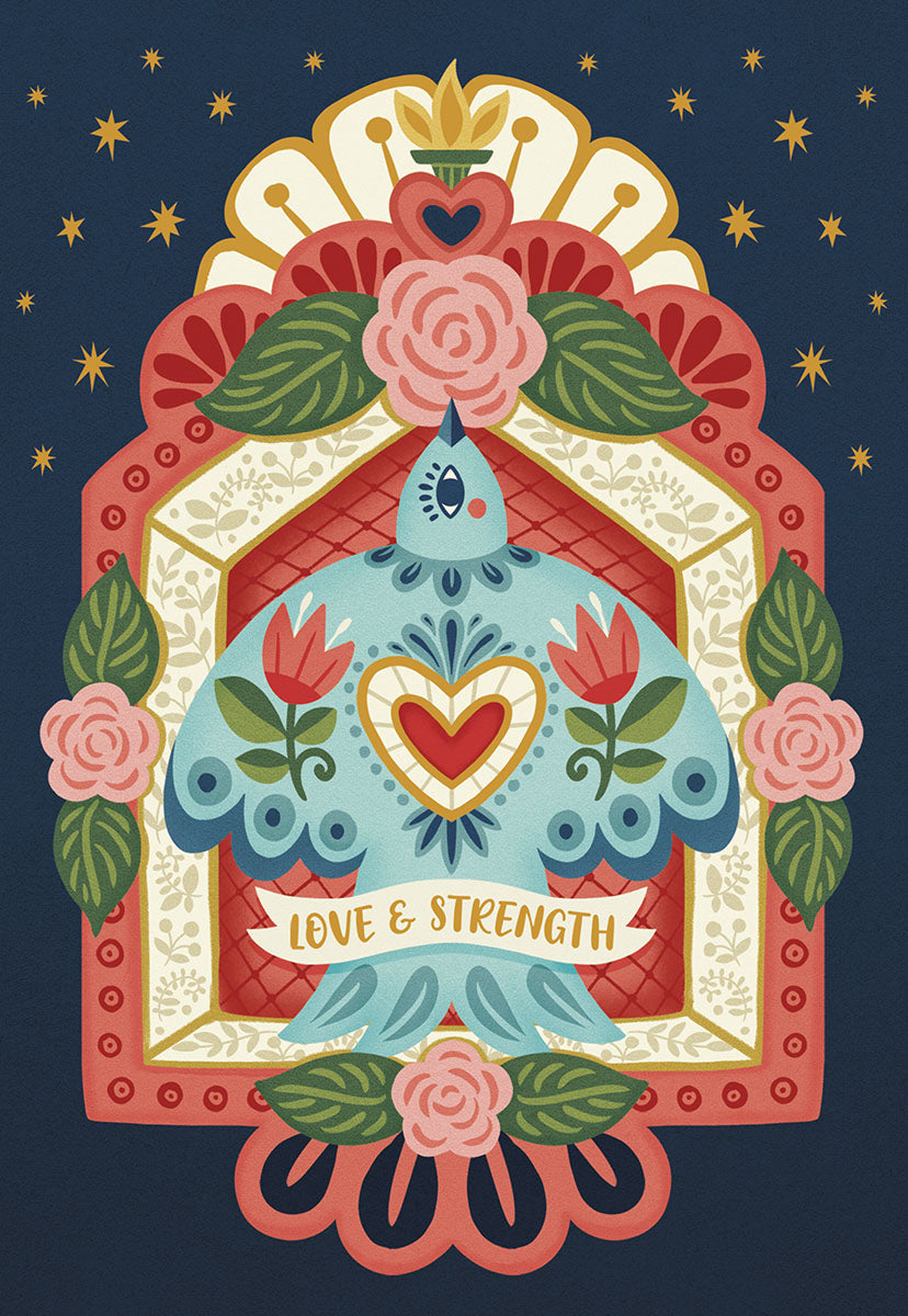 Folk art blue bird greeting card with 'Love & Strength' banner, red and gold floral design, and golden stars on a dark blue background, offering inspiring support.