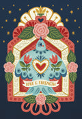 Folk art blue bird greeting card with 'Love & Strength' banner, red and gold floral design, and golden stars on a dark blue background, offering inspiring support.
