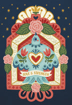 Folk art blue bird greeting card with 'Love & Strength' banner, red and gold floral design, and golden stars on a dark blue background, offering inspiring support.
