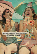 Vintage-style greeting card featuring two joyful women laughing on a sunny beach, holding drinks under colorful umbrellas, with the heartfelt message 'You're the story behind so many of my best stories' for a special gal pal.