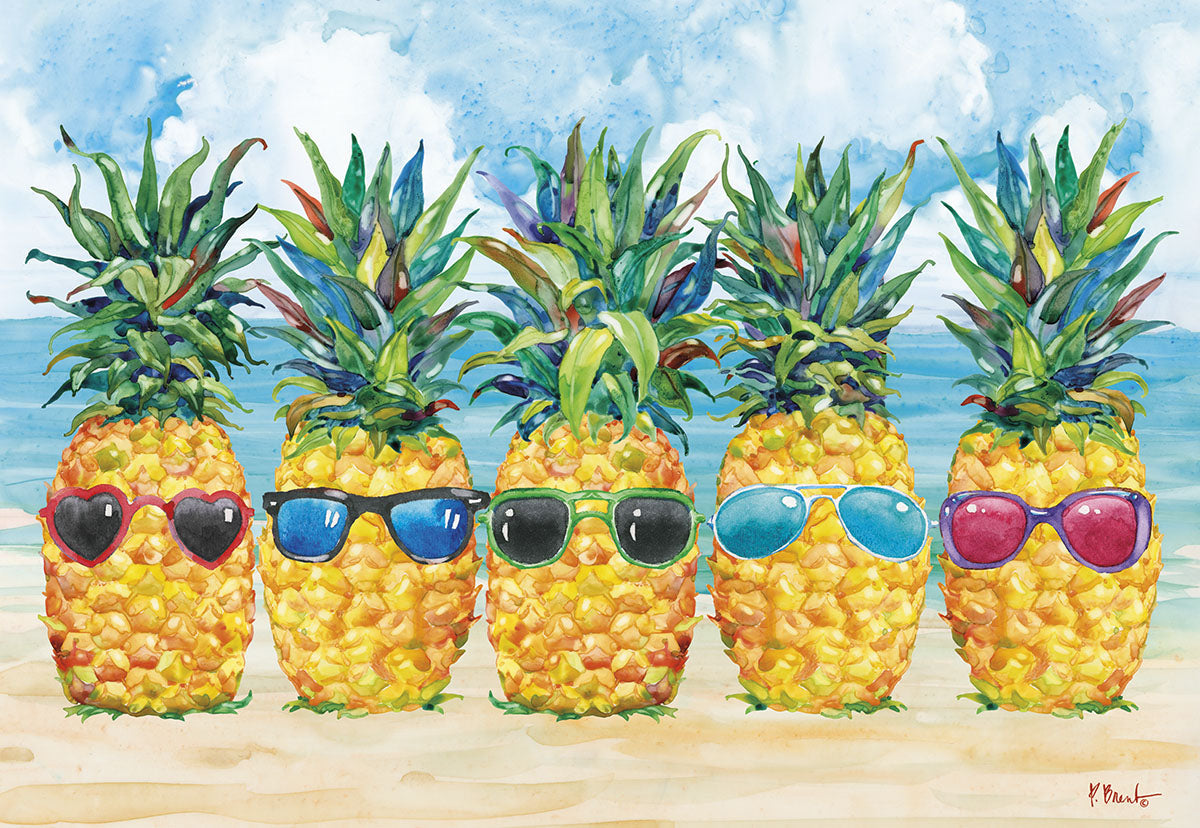 Funny greeting card with five anthropomorphic pineapples wearing colorful sunglasses on a sunny beach, ideal for summer greetings, friendship, or any occasion.