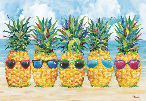 Greeting card featuring five cheerful pineapples wearing colorful sunglasses on a sunny beach, ideal for summer greetings, funny notes, or tropical celebrations.