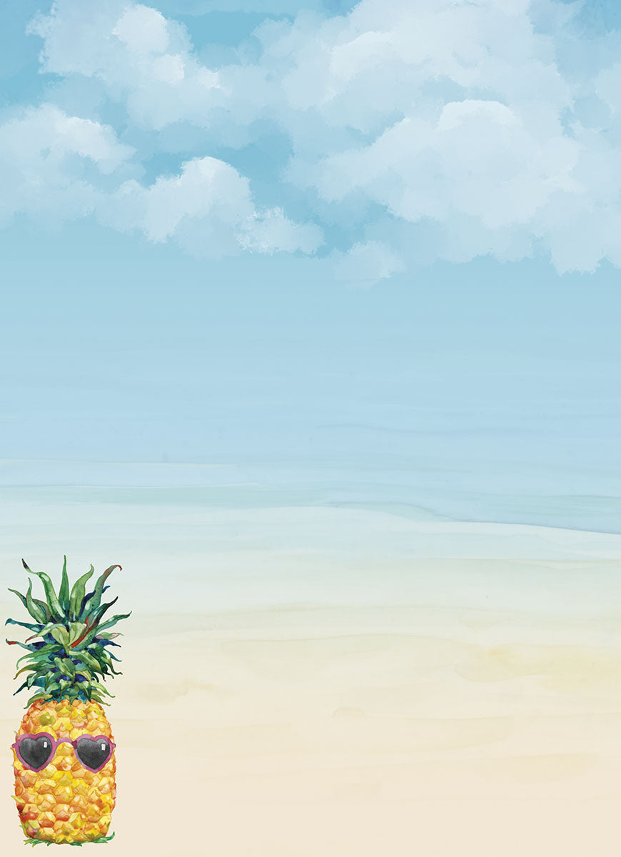 Blank greeting card design featuring a single pineapple wearing heart-shaped sunglasses in the corner of a sandy beach scene with a clear blue sky and ocean.