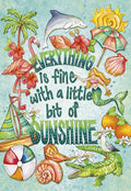 Vibrant tropical encouragement greeting card featuring a mermaid, dolphin, flamingo, sailboat, crocodile, seashells, and palm trees, with the uplifting message 'Everything is fine with a little bit of sunshine'.