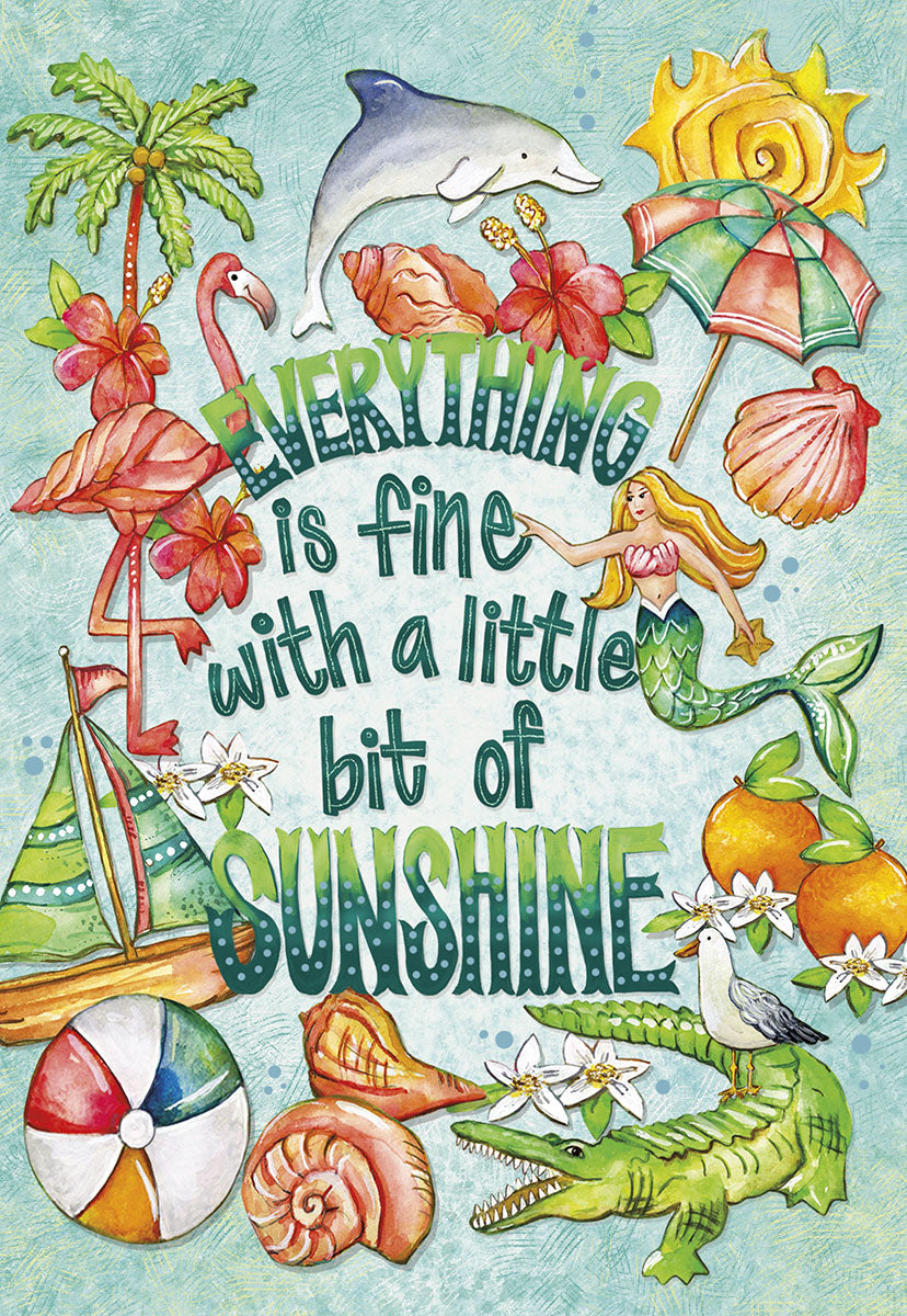 Vibrant tropical encouragement greeting card featuring a mermaid, dolphin, flamingo, sailboat, crocodile, seashells, and palm trees, with the uplifting message 'Everything is fine with a little bit of sunshine'.