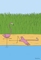 Humorous get well soon greeting card featuring a standing pink flamingo next to another pink flamingo comically fallen over with a bandaged leg, set against a sandy beach and tall green reeds. Perfect for a funny recovery message.