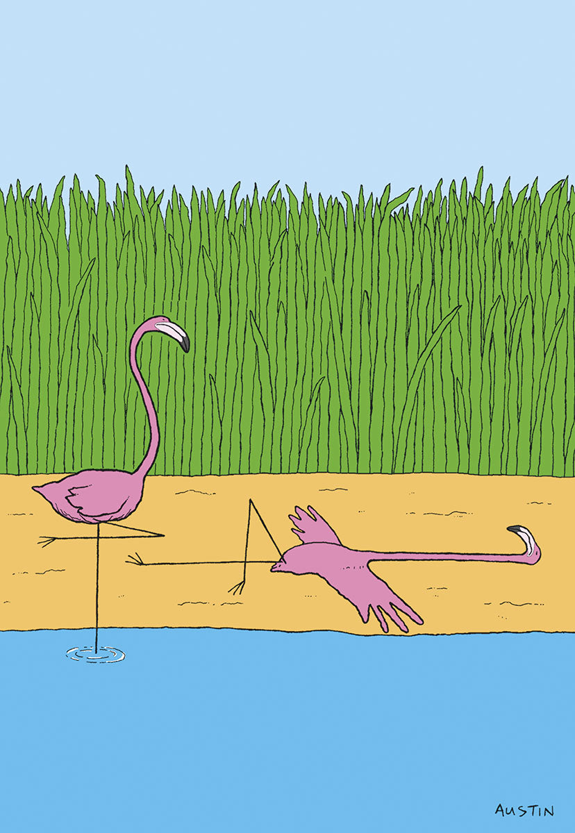 Humorous get well soon greeting card featuring a standing pink flamingo next to another pink flamingo comically fallen over with a bandaged leg, set against a sandy beach and tall green reeds. Perfect for a funny recovery message.