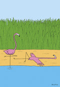 Humorous get well soon greeting card featuring a standing pink flamingo next to another pink flamingo comically fallen over with a bandaged leg, set against a sandy beach and tall green reeds. Perfect for a funny recovery message.