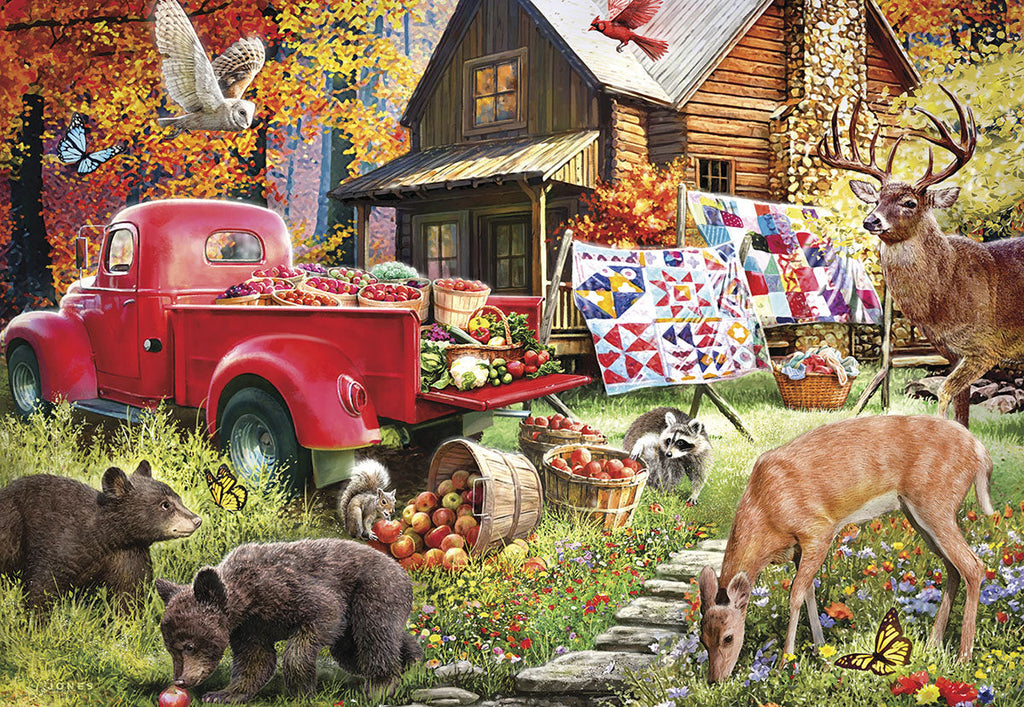 Rustic autumn nature scene birthday greeting card featuring a red vintage pickup truck loaded with harvest goods, a cozy log cabin, drying quilts, and various wildlife including deer, bears, an owl, and butterflies in a vibrant fall forest. Ideal for a heartfelt message.