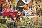 Rustic autumn nature scene birthday greeting card featuring a red vintage pickup truck loaded with harvest goods, a cozy log cabin, drying quilts, and various wildlife including deer, bears, an owl, and butterflies in a vibrant fall forest. Ideal for a heartfelt message.