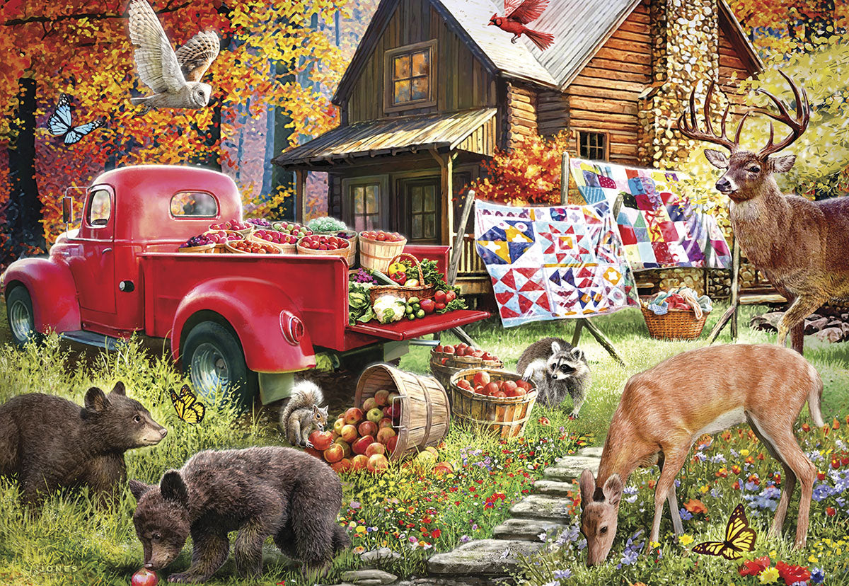 Rustic autumn nature scene birthday greeting card featuring a red vintage pickup truck loaded with harvest goods, a cozy log cabin, drying quilts, and various wildlife including deer, bears, an owl, and butterflies in a vibrant fall forest. Ideal for a heartfelt message.