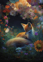 Front of an encouragement greeting card featuring a peaceful, sleeping fox curled amidst vibrant, ethereal fantasy flowers under a warm, glowing light. The scene is serene and mystical.