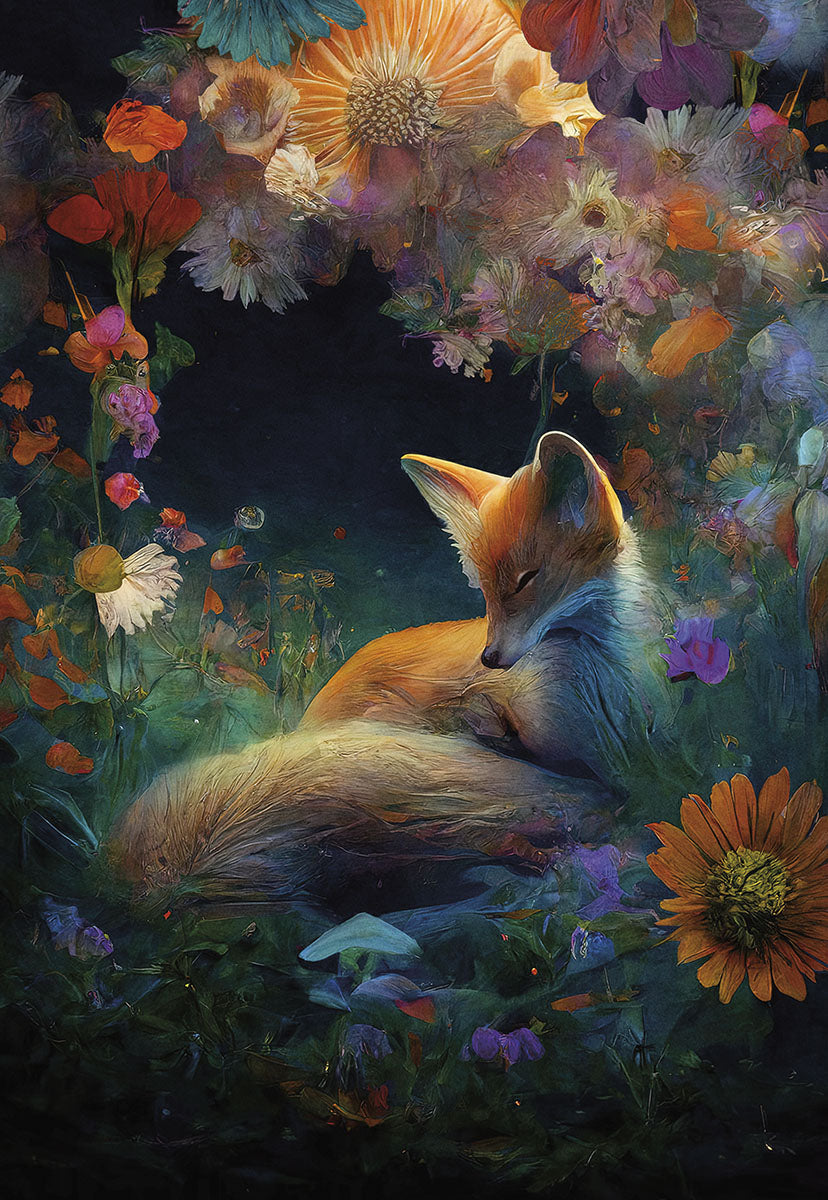 Front of an encouragement greeting card featuring a peaceful, sleeping fox curled amidst vibrant, ethereal fantasy flowers under a warm, glowing light. The scene is serene and mystical.