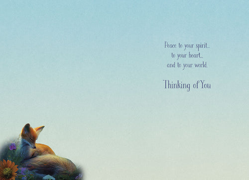 Open greeting card interior with a gentle blue sky background, showing a quiet fox detail, and the comforting message: 'Peace to your spirit... to your heart... and to your world. Thinking of You.'