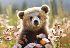 Adorable brown bear cub sits amongst pink and white wildflowers, looking directly at the camera. A heartwarming image for a cute get well card for anyone needing a smile.