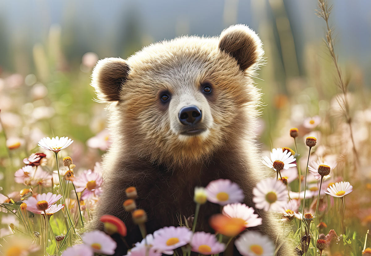 Adorable brown bear cub sits amongst pink and white wildflowers, looking directly at the camera. A heartwarming image for a cute get well card for anyone needing a smile.