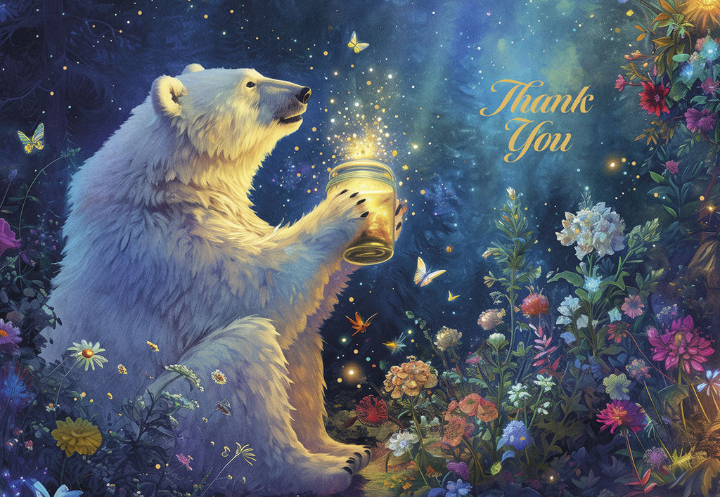 Heartfelt Thank You card featuring a whimsical polar bear holding a glowing jar amidst an enchanted garden of colorful flowers and butterflies, expressing deep appreciation.