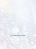 Inside of a thoughtful thank you card with soft floral background, glowing specks, butterflies, and the heartfelt message: 'You really brightened my day!'