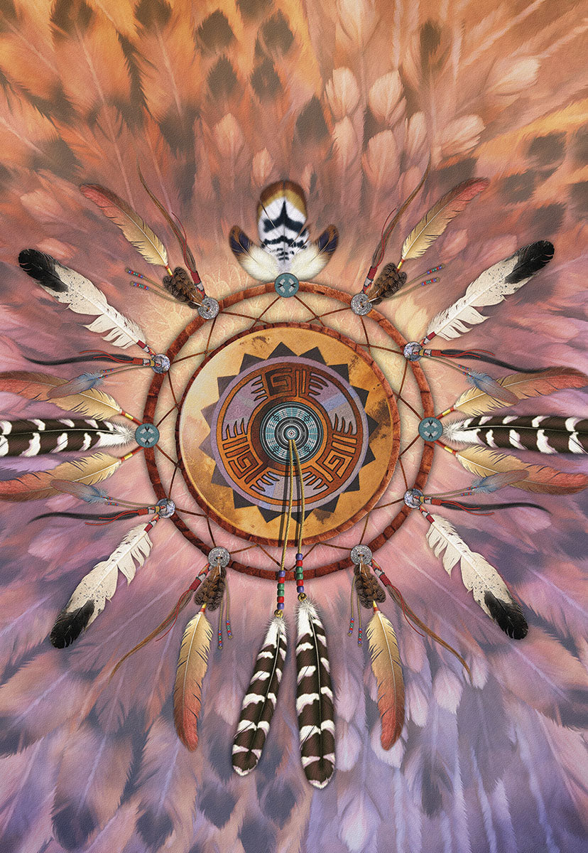 Intricate dreamcatcher greeting card featuring a central Native American inspired design, surrounded by a radiant burst of diverse bird feathers in warm amber, gold, and purple hues. Perfect for sending heartfelt messages.