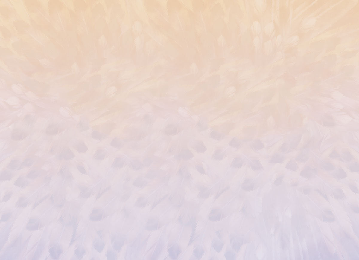 Subtle background design for greeting card, featuring a soft gradient of faded feather patterns in light peach and lavender tones, suitable for elegant writing space.