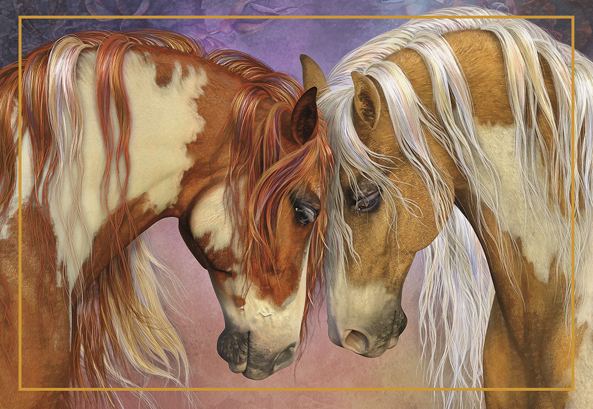 Close-up of two horses, a pinto and a palomino, nuzzling affectionately, symbolizing strong bonds and loyal companionship, framed in gold.