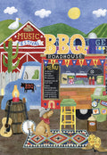 Front of a vibrant country BBQ music festival themed greeting card for him. Features a blue vintage truck, red barn, 'BBQ ROADHOUSE' food truck, a dog in a cowboy hat, guitars, and banjo.