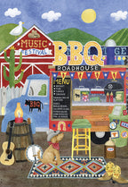 Front of a vibrant country BBQ music festival themed greeting card for him. Features a blue vintage truck, red barn, 'BBQ ROADHOUSE' food truck, a dog in a cowboy hat, guitars, and banjo.