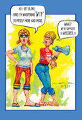 Front of a humorous birthday greeting card for women, featuring a cartoon illustration of two expressive older women. One woman, wearing sunglasses and colorful striped pants, says "As I get older, I find I'm whispering 'WTF' to myself more and more." The other, holding a megaphone, replies "What? We're supposed to whisper it?". The background is a vibrant yellow with a blue border.