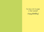 Inside of a funny birthday card with a light green and yellow background. The humorous text asks 'You know a lot of people in their hundreds? Happy Birthday!' for a comical adult greeting.