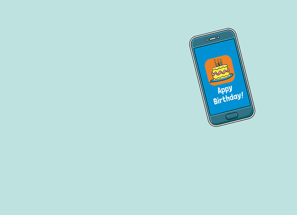 Digital illustration of a smartphone screen showing a birthday cake app icon and 'Appy Birthday!' text, suggesting a modern, tech-themed celebration card.