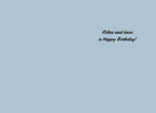 Inside of a light blue greeting card with the message 'Relax and have a Happy Birthday!' in elegant script, for a humorous birthday wish.