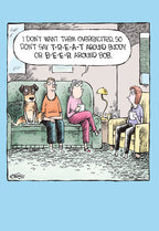 Funny birthday card front depicting a cartoon scene with a dog and three people, one speaking a humorous thought bubble about 'treat' and 'beer' to avoid over-exciting the dog and a person named Bob.