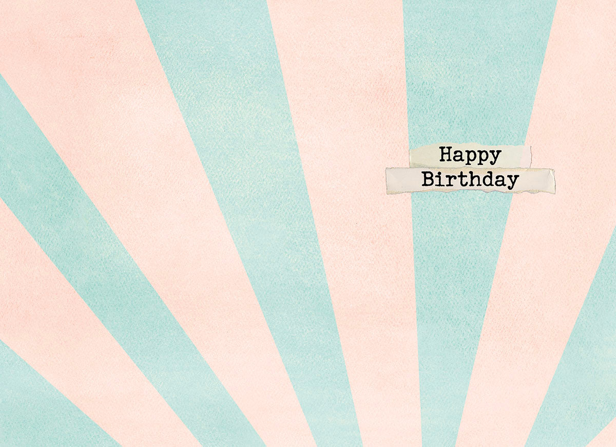Inside of a greeting card featuring a retro pink and teal striped design with 'Happy Birthday' text in a classic typewriter font.