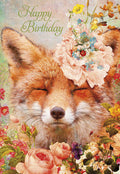Close-up of a whimsical greeting card featuring a serene fox with closed eyes, adorned with a large, delicate pink peony and a cluster of colorful wildflowers including blue forget-me-nots and a ladybug, set against a lush, vibrant garden background with 'Happy Birthday' in elegant green script.