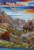 Front of a beautiful nature-themed birthday card depicting a vibrant watercolor landscape with mountains, a river, and various animals including bears, deer, bison, bighorn sheep, foxes, and flying geese under a colorful sky.
