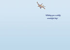 Inside of a lighthearted birthday card featuring two geese flying against a serene blue sky with the message 'Wishing you a wildly wonderful day!' in elegant script.