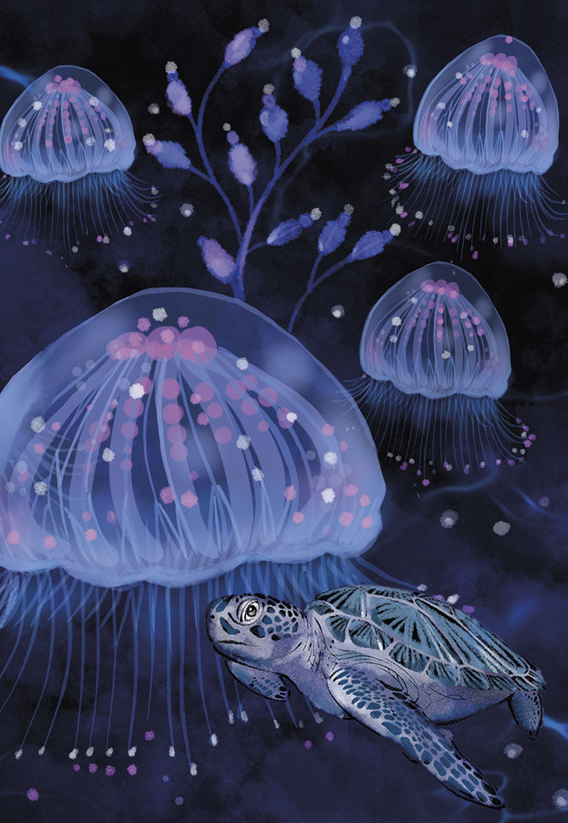 Vibrant illustration of a sea turtle swimming amongst bioluminescent jellyfish and ethereal purple coral in deep blue ocean waters, perfect for an underwater themed greeting.