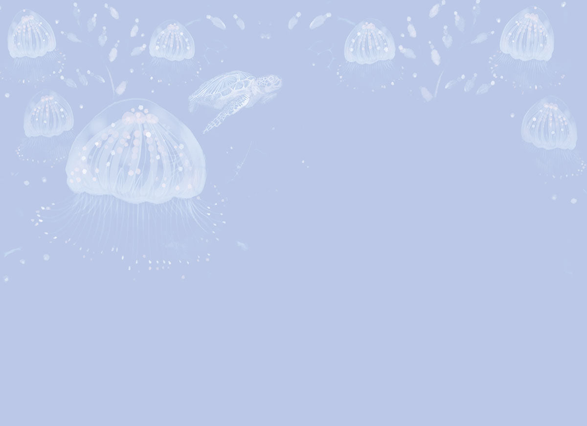 Light blue background with faded outlines of jellyfish and a sea turtle, providing a soft, ethereal backdrop for a blank greeting card.